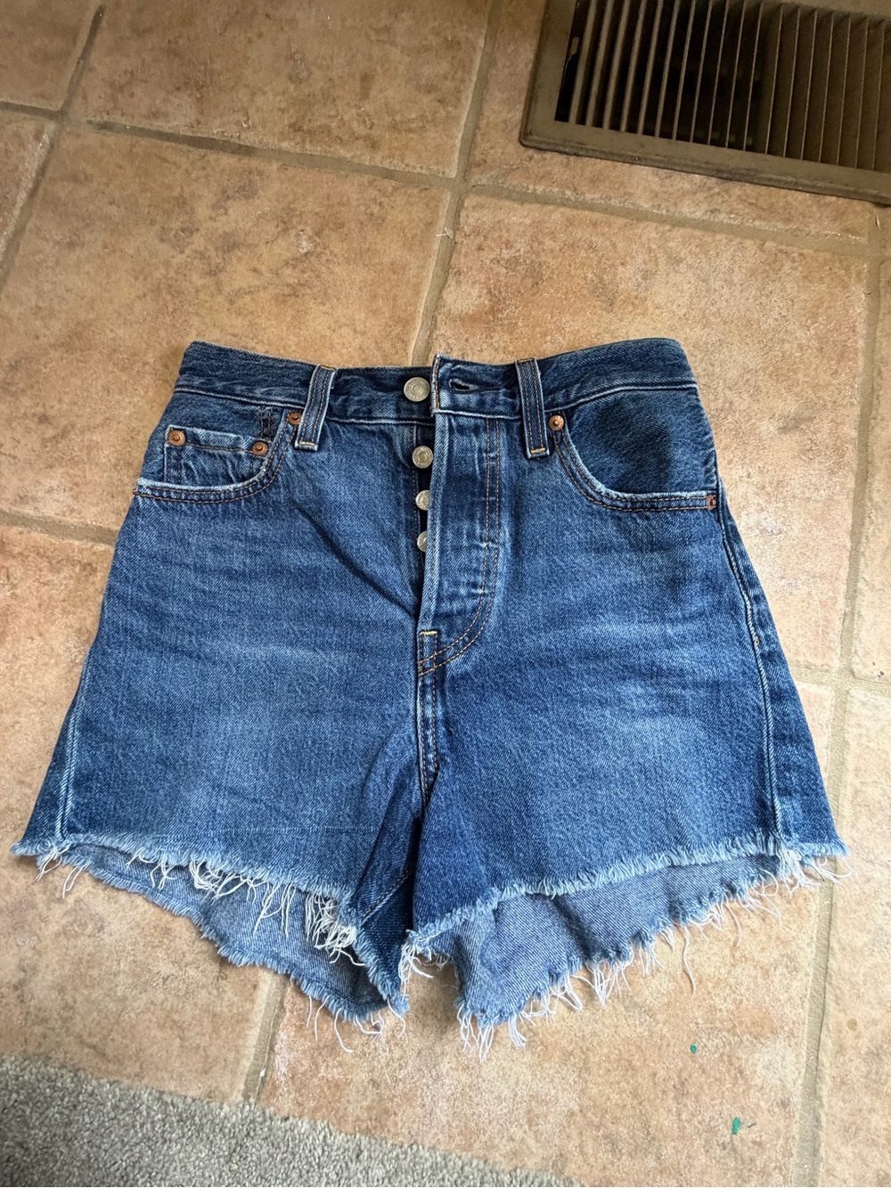 Levi's Dark Blue High-Rise Button-Fly Denim Shorts with Frayed Hem